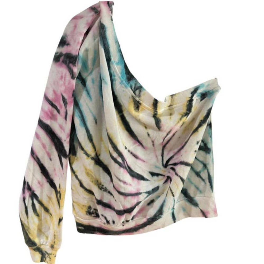 VINTAGE HAVANA TIE DYE COLD SHOULDER CROPPED SWEATER MEDIUM